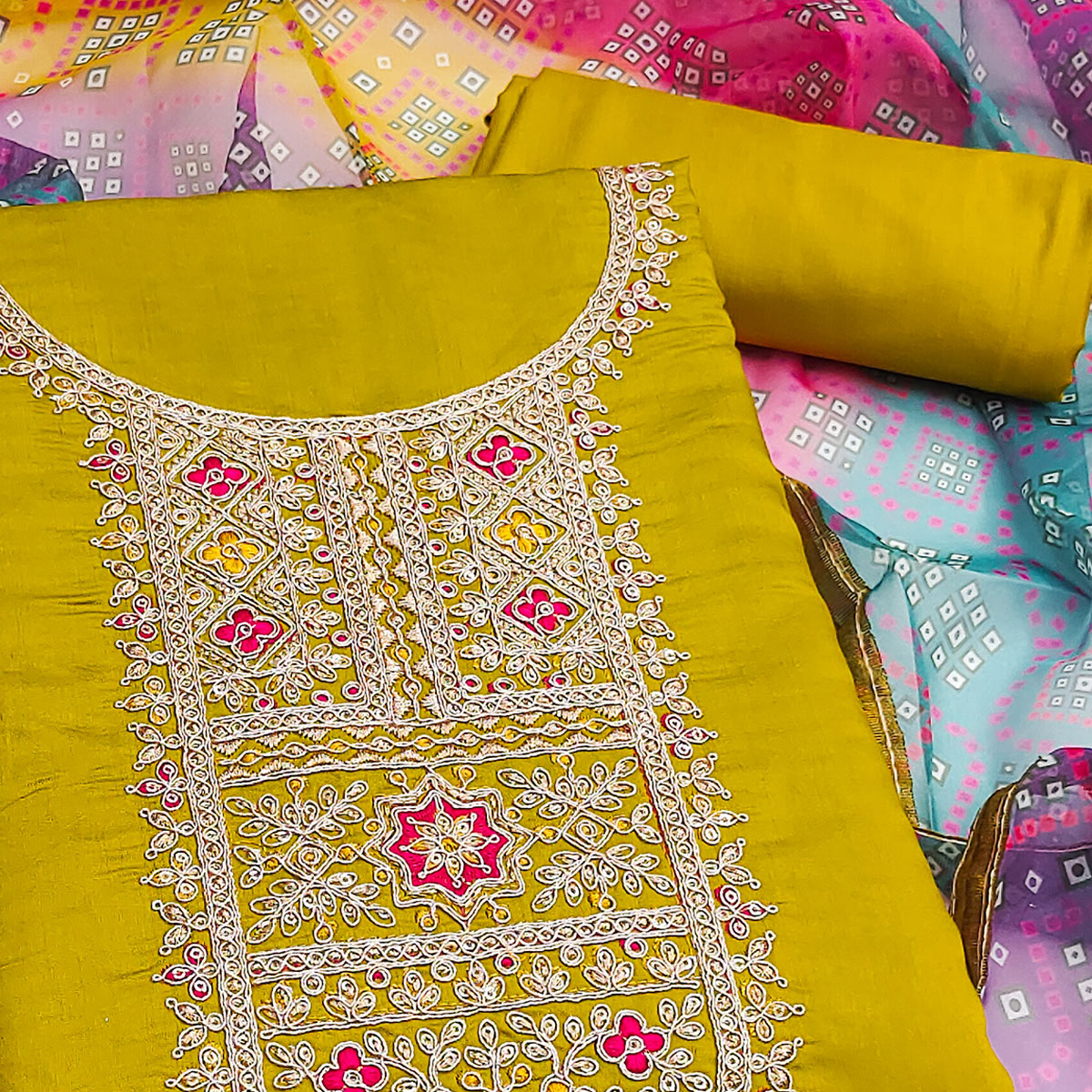 Dark Mustard Roman Chanderi Silk Dress Material With Elegant Sequins & Cording Embroidery Work