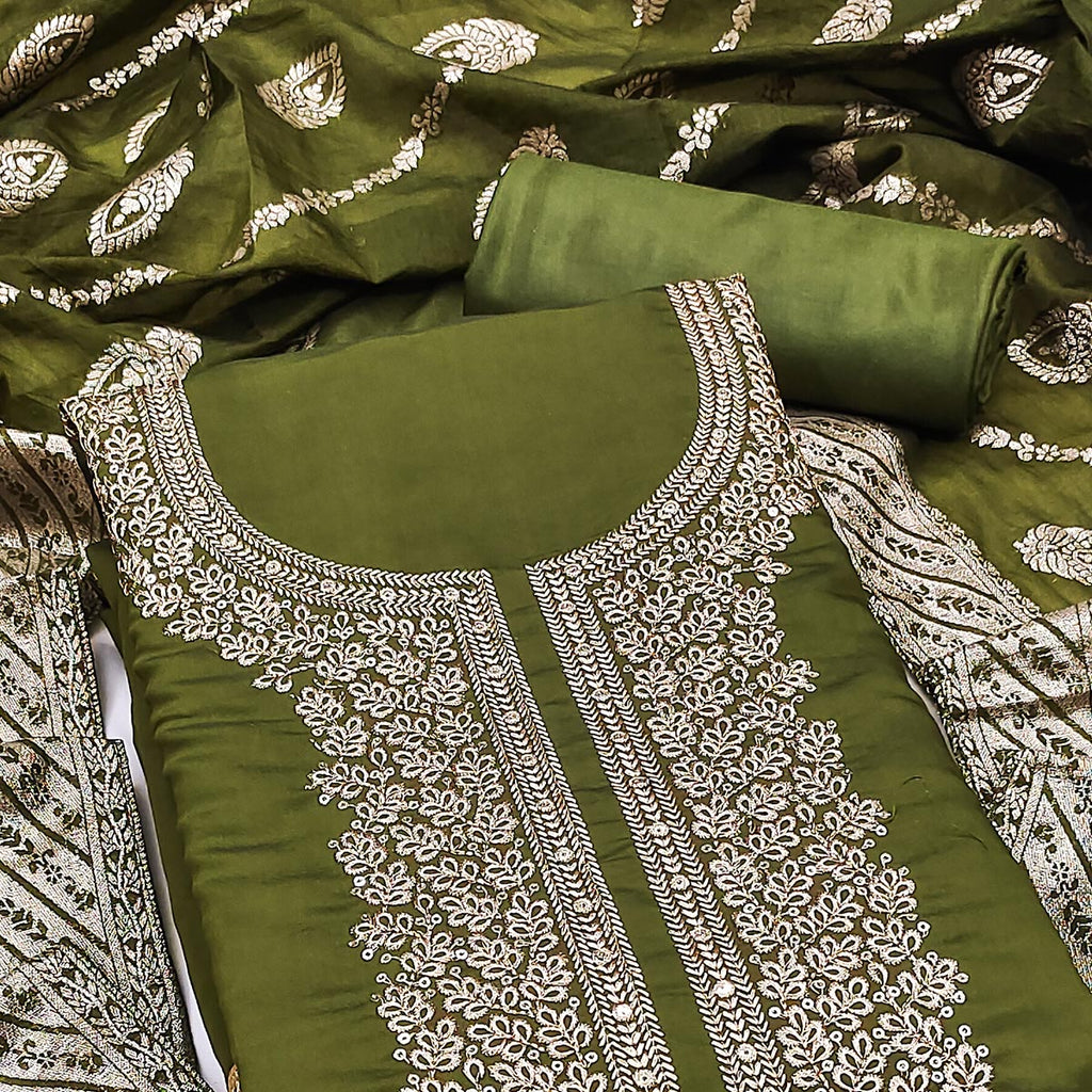 Green Roman Chanderi Silk Dress Material With Elegant Floral & Cording Embroidery Work