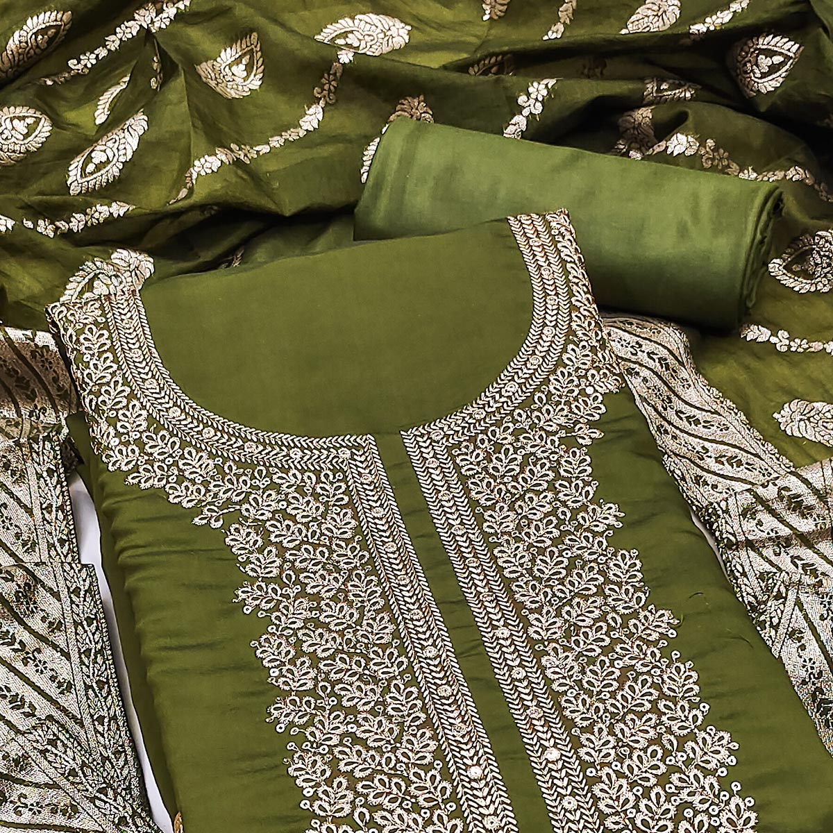 Green Roman Chanderi Silk Dress Material With Elegant Floral & Cording Embroidery Work