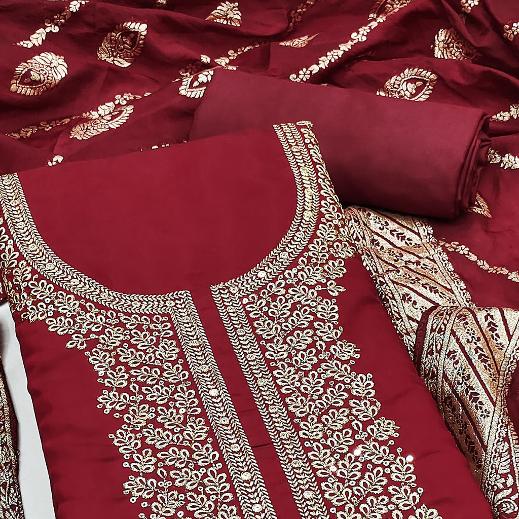 Maroon Roman Chanderi Silk Dress Material With Elegant Floral & Cording Embroidery Work