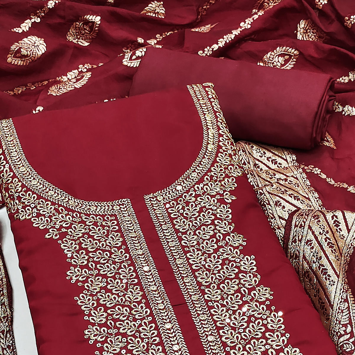 Maroon Roman Chanderi Silk Dress Material With Elegant Floral & Cording Embroidery Work