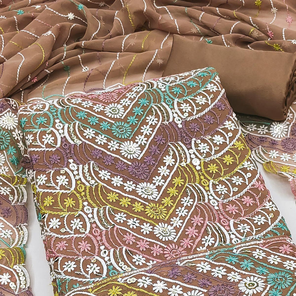 Brown Dress Material In Rich Jacquard With Intricate Heavy Embroidery
