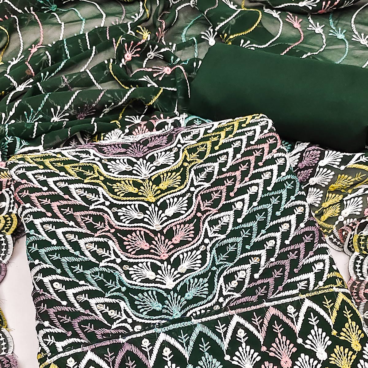 Dark Green Dress Material In Rich Jacquard With Intricate Heavy Embroidery