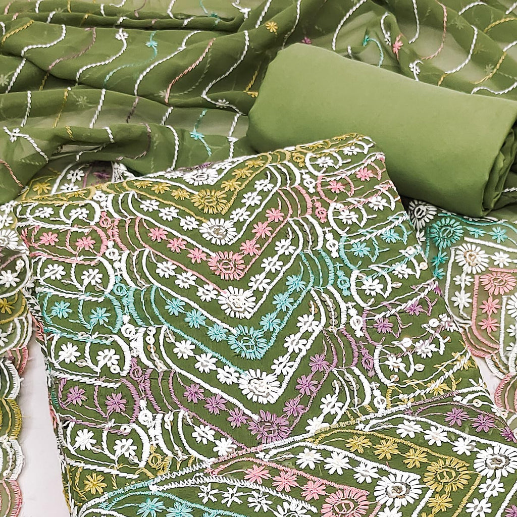 Green Dress Material In Rich Jacquard With Intricate Heavy Embroidery