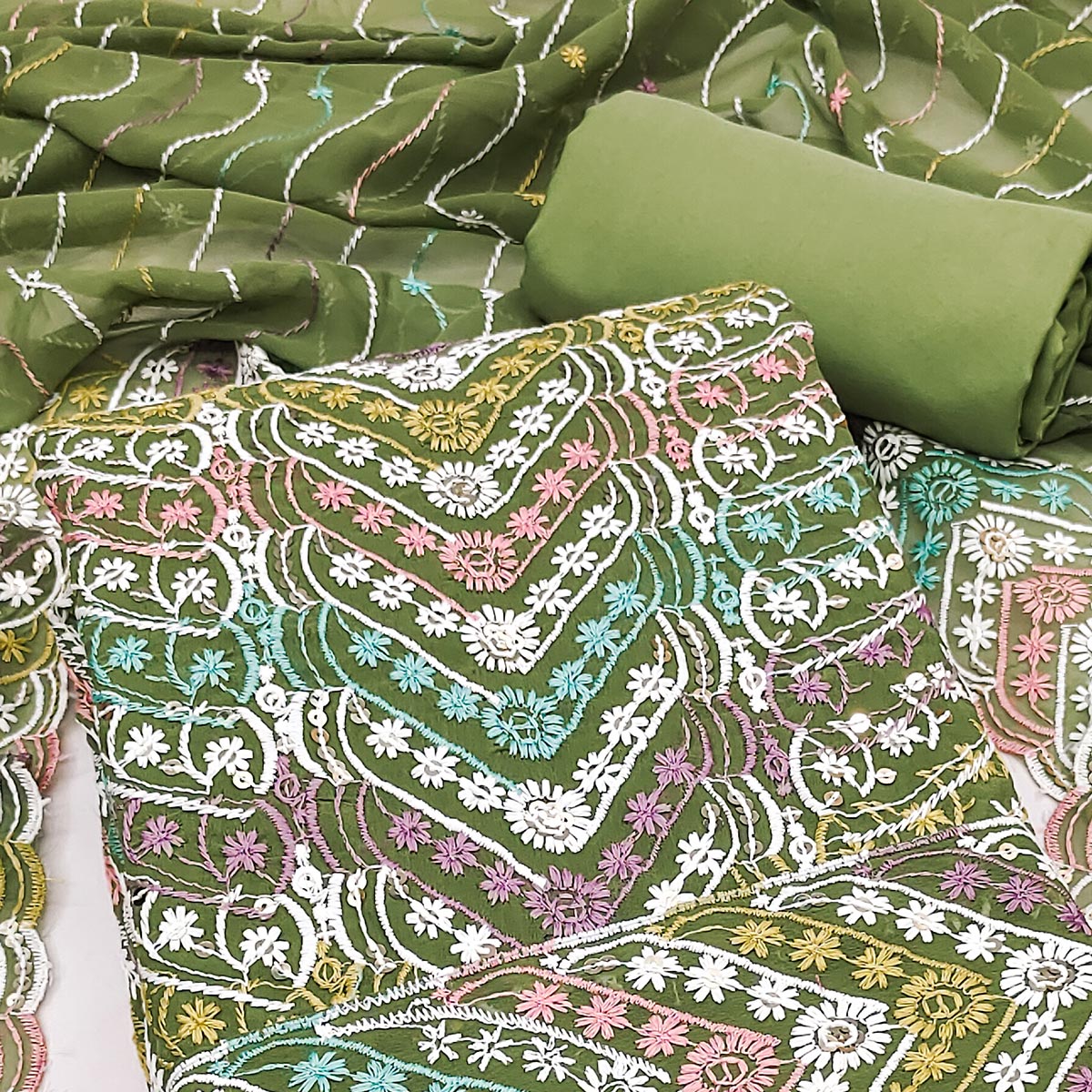 Green Dress Material In Rich Jacquard With Intricate Heavy Embroidery