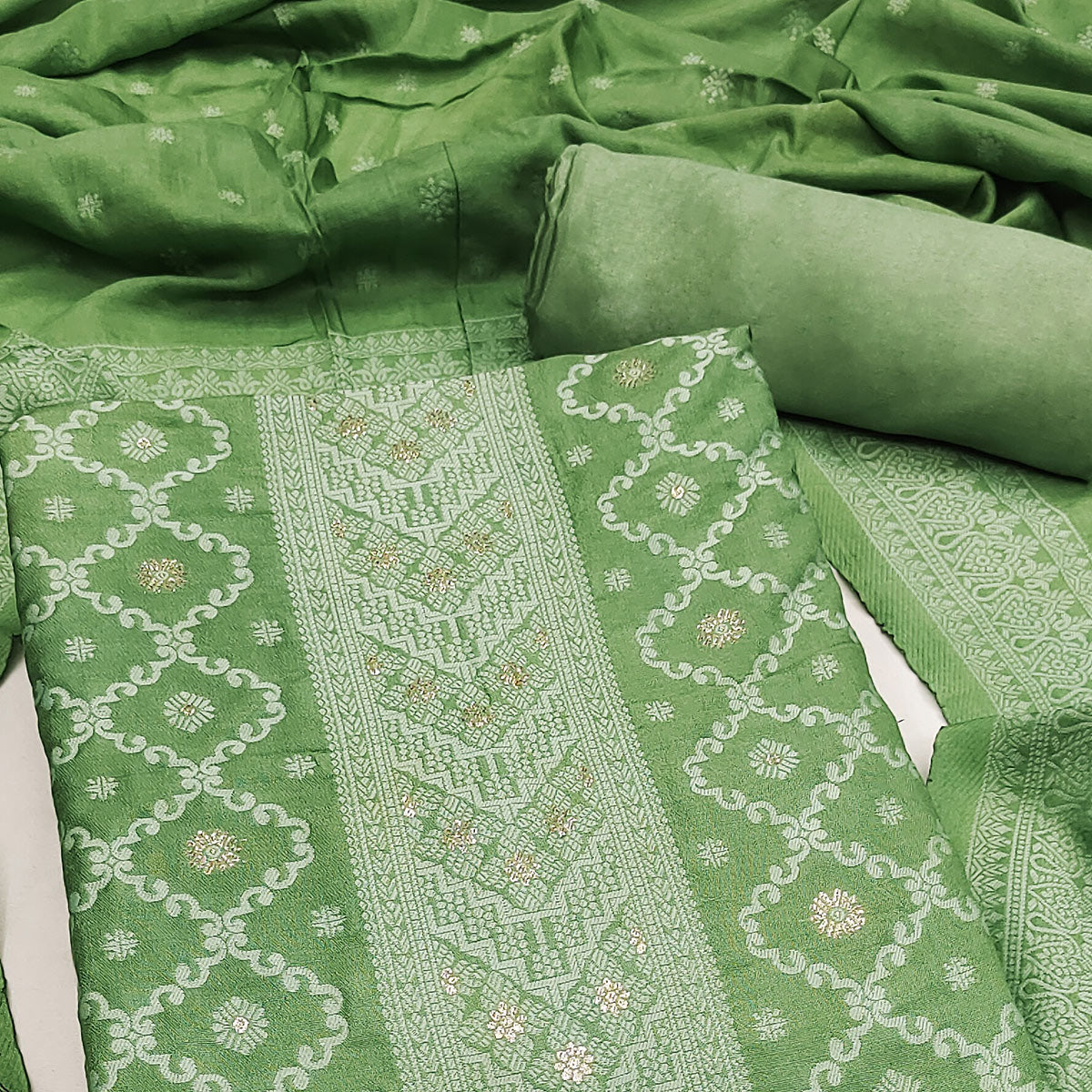 Banarasi Inspired Dark Green Jacquard Fabric for Elegant Ensembles
