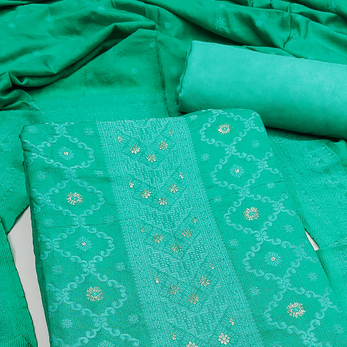 Banarasi Inspired Turquoise Jacquard Fabric for Elegant Ensembles