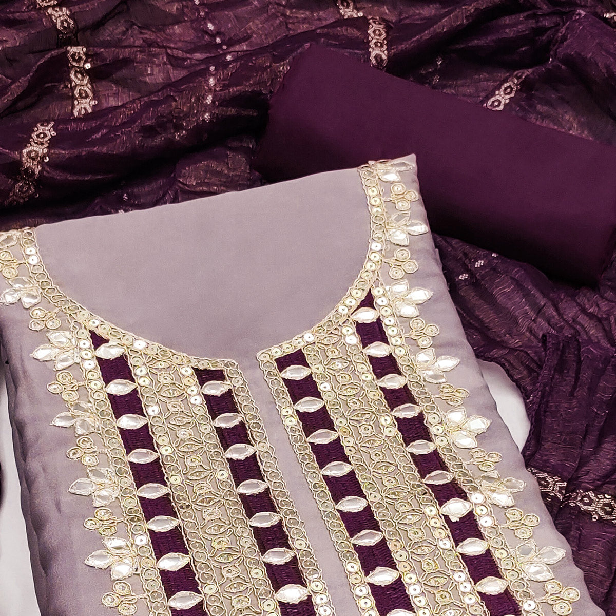 Lavender Georgette Suit Material with Beautiful Thread Work Embroidery