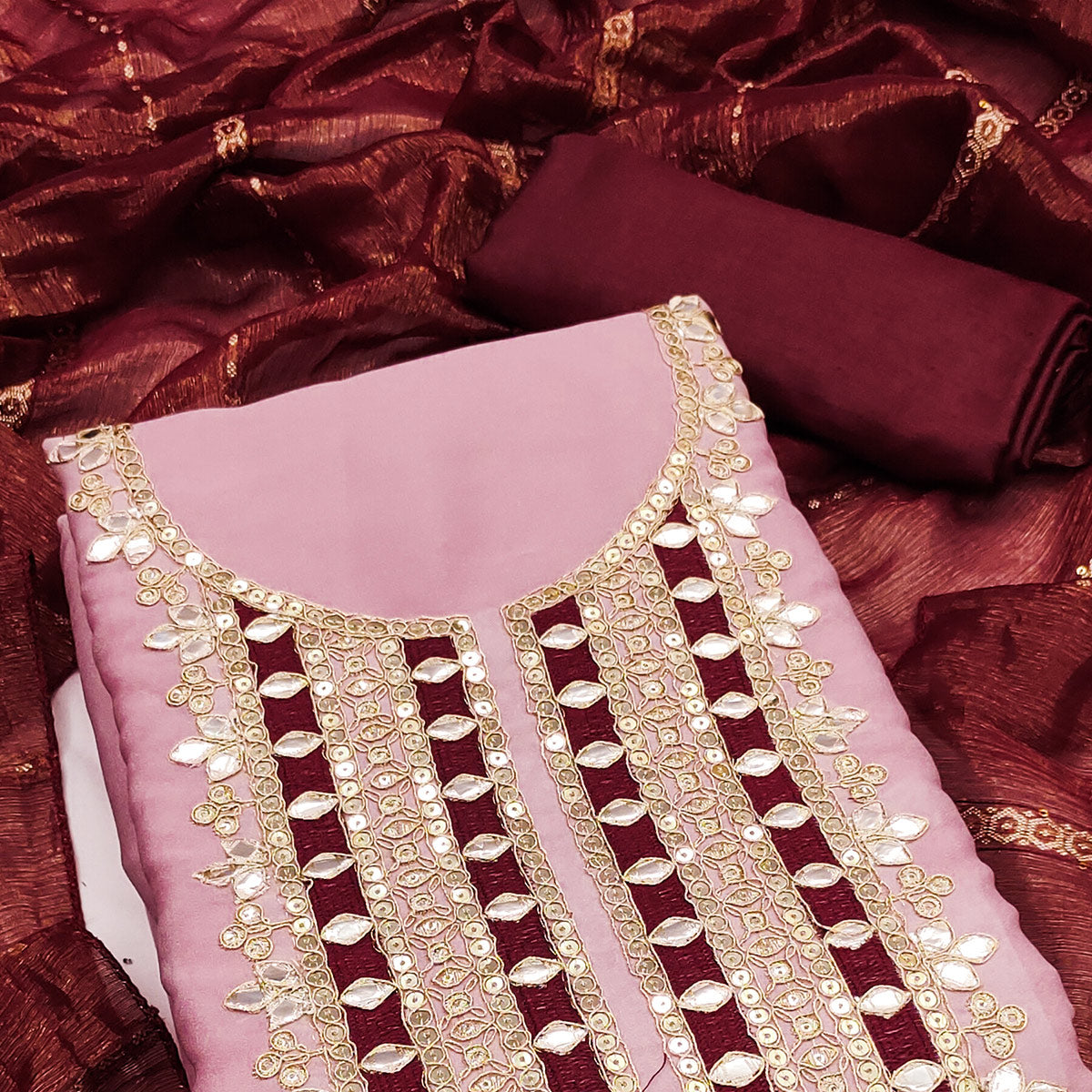 Pink Georgette Suit Material with Beautiful Thread Work Embroidery