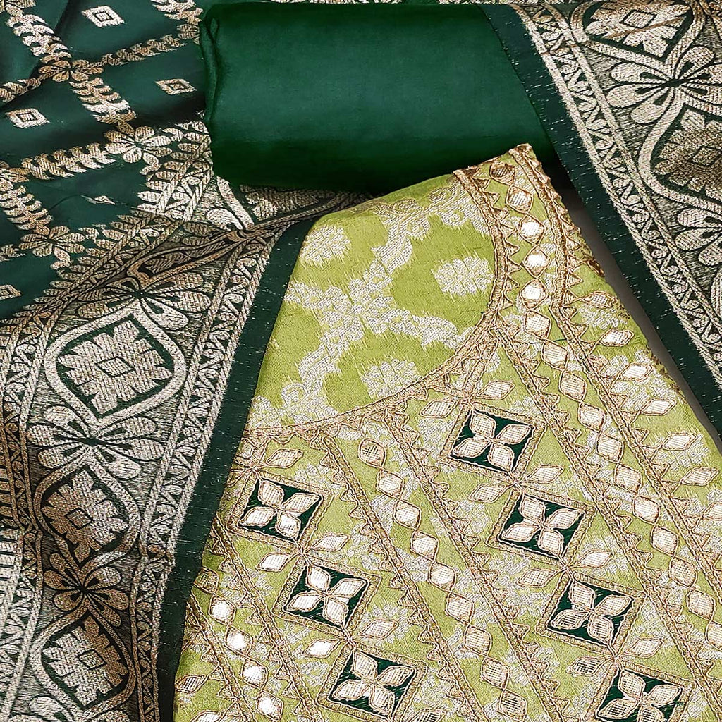 Green Floral Weaving Jacquard Dress Material With Cording & Gota Patti Work