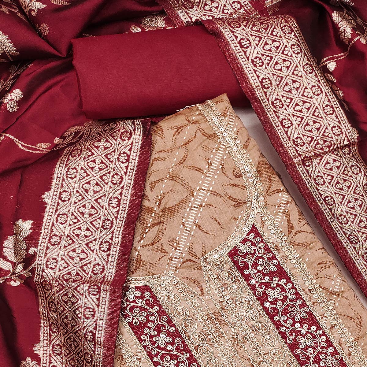 Dusty Peach Printed Chanderi Silk Dress Material With Elegant Sequins & Cording Embroidery