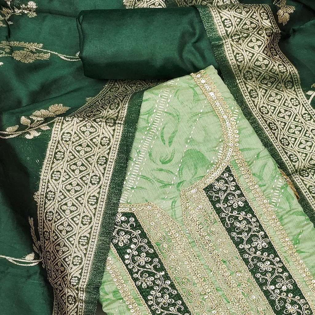 Green Printed Chanderi Silk Dress Material With Elegant Sequins & Cording Embroidery