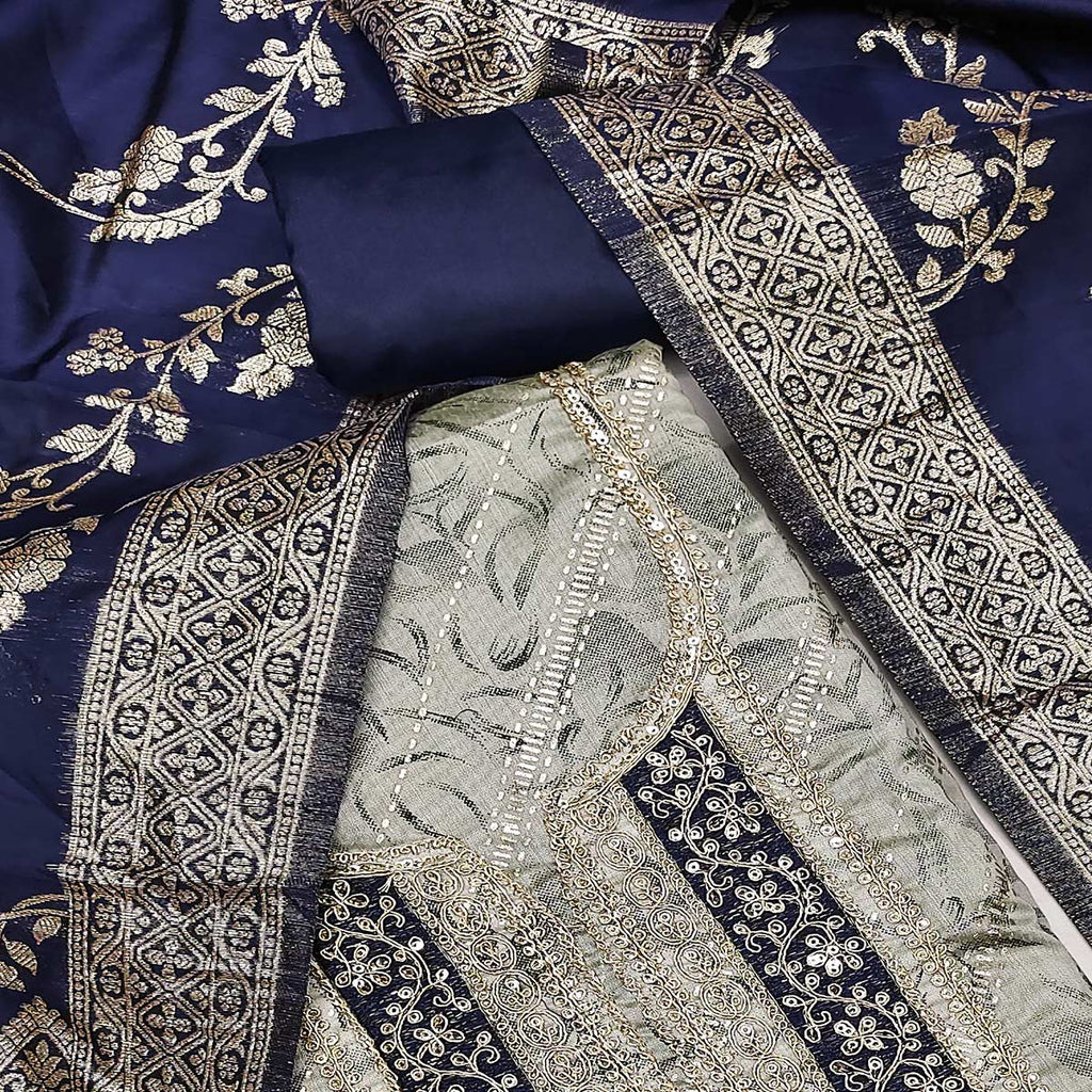 Grey Printed Chanderi Silk Dress Material With Elegant Sequins & Cording Embroidery