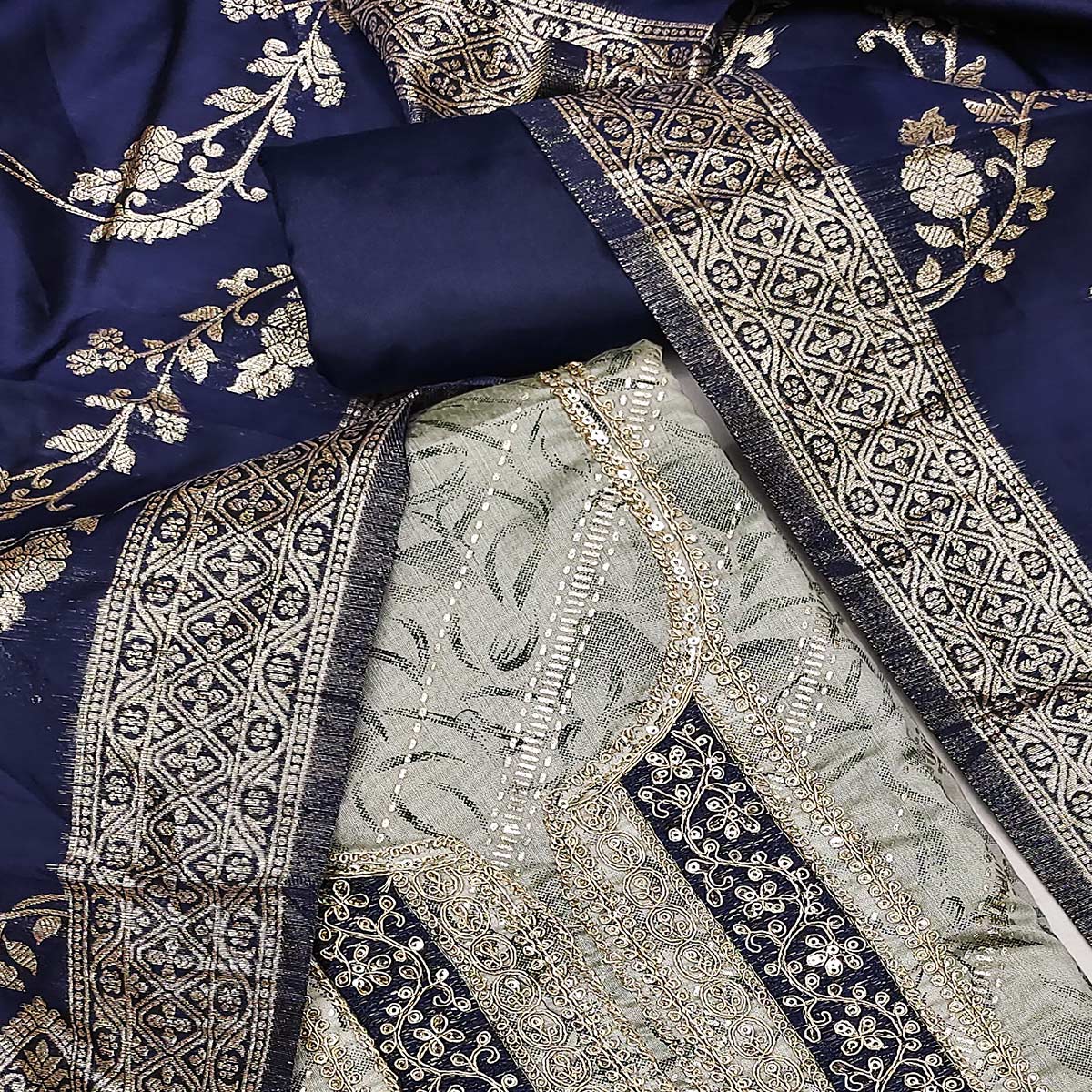 Grey Printed Chanderi Silk Dress Material With Elegant Sequins & Cording Embroidery