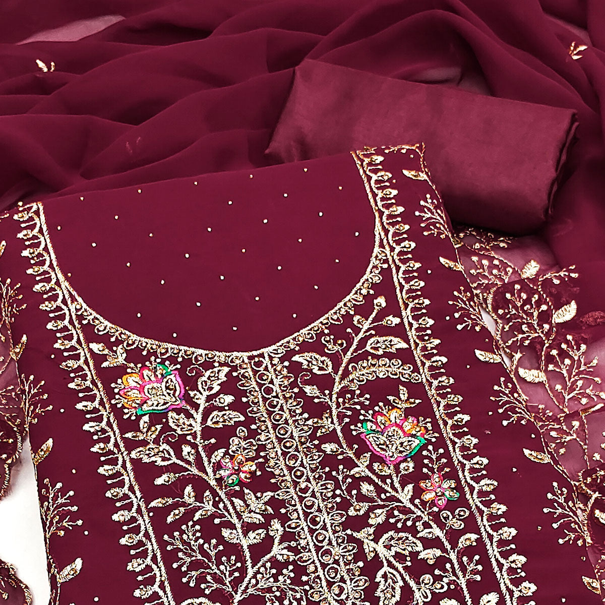 Maroon Georgette Dress Material With Floral Embroidery & Sparkling Stone Work