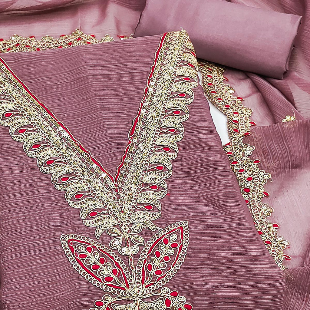 Onion Pink Ensemble In Zomato Art Silk Adorned With Cording Floral Embroidery & Sparkling Sequins
