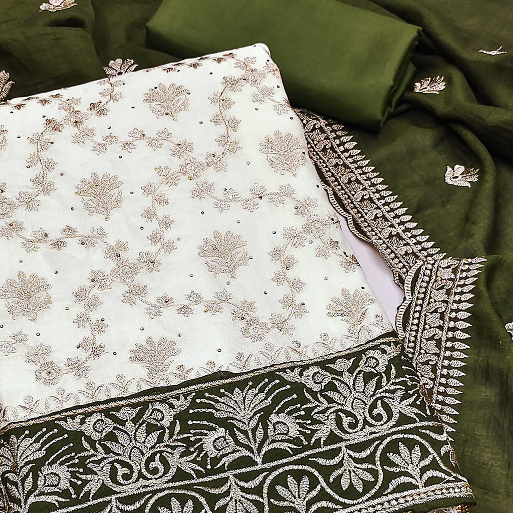 Offwhite & Green Vichitra Silk Dress Material With Intricate Floral Zari Work