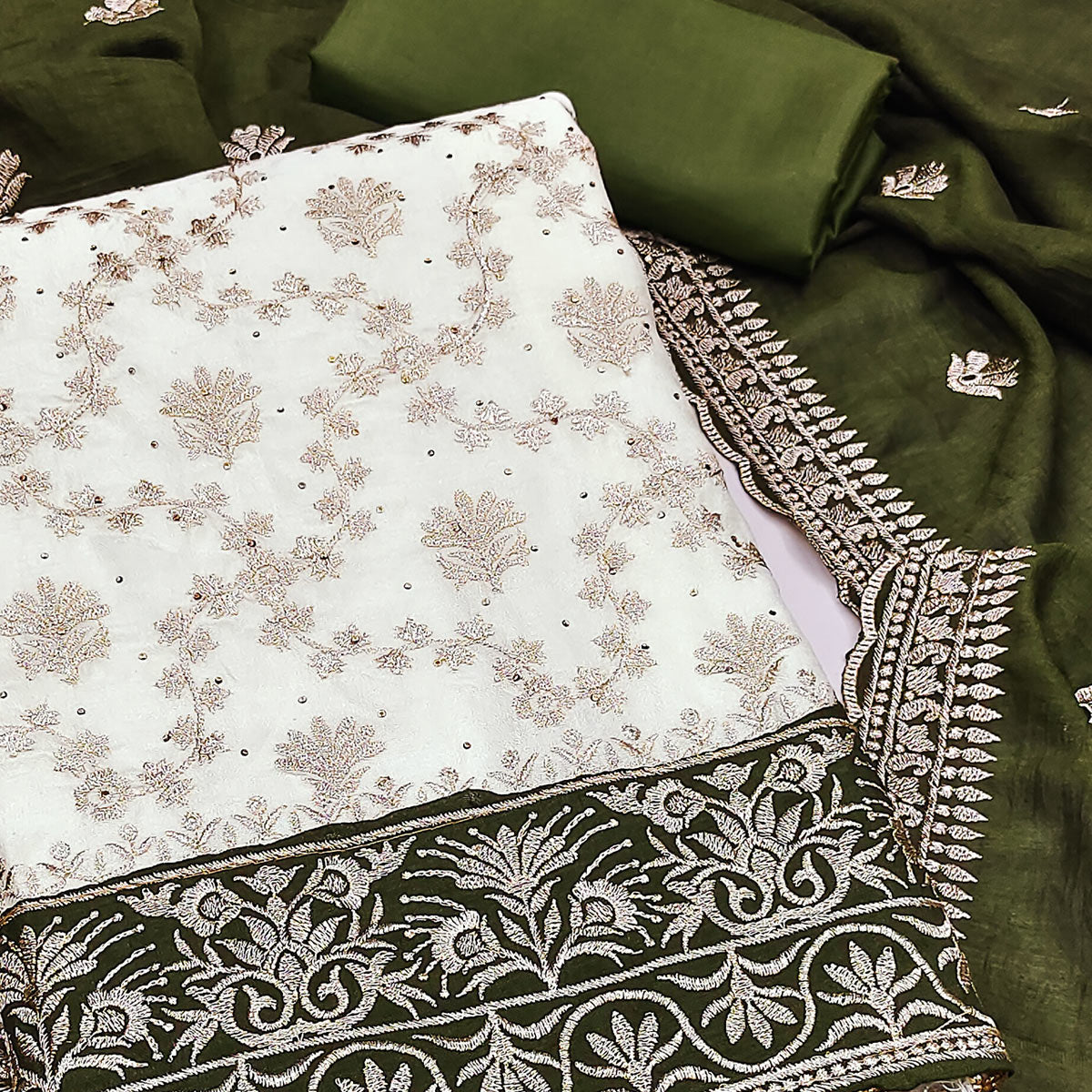 Offwhite & Green Vichitra Silk Dress Material With Intricate Floral Zari Work