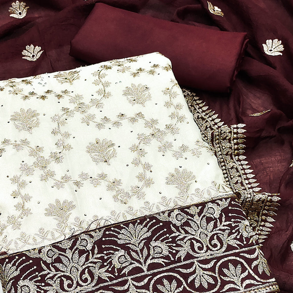 Offwhite & Maroon Vichitra Silk Dress Material With Intricate Floral Zari Work