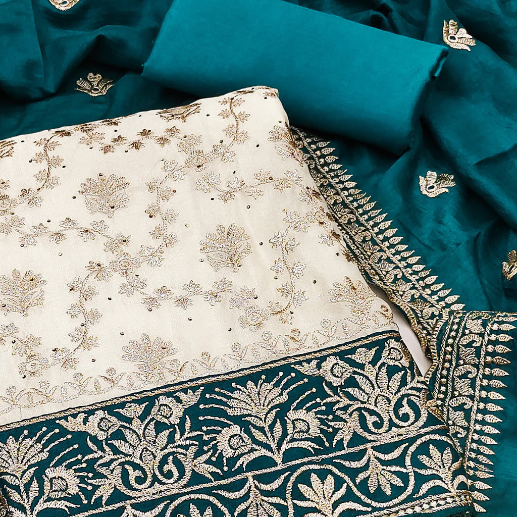 Offwhite & Rama Vichitra Silk Dress Material With Intricate Floral Zari Work