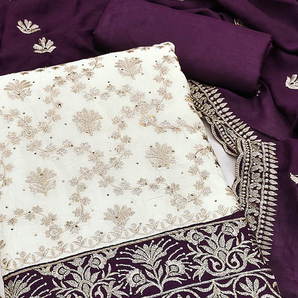 Offwhite & Wine Vichitra Silk Dress Material With Intricate Floral Zari Work