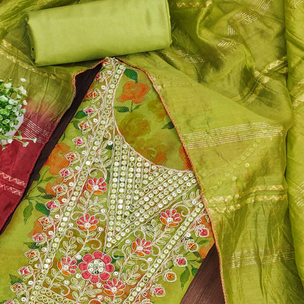 Green Floral Printed Dress Material With Elegant Embroidery on Shimmer Jacquard
