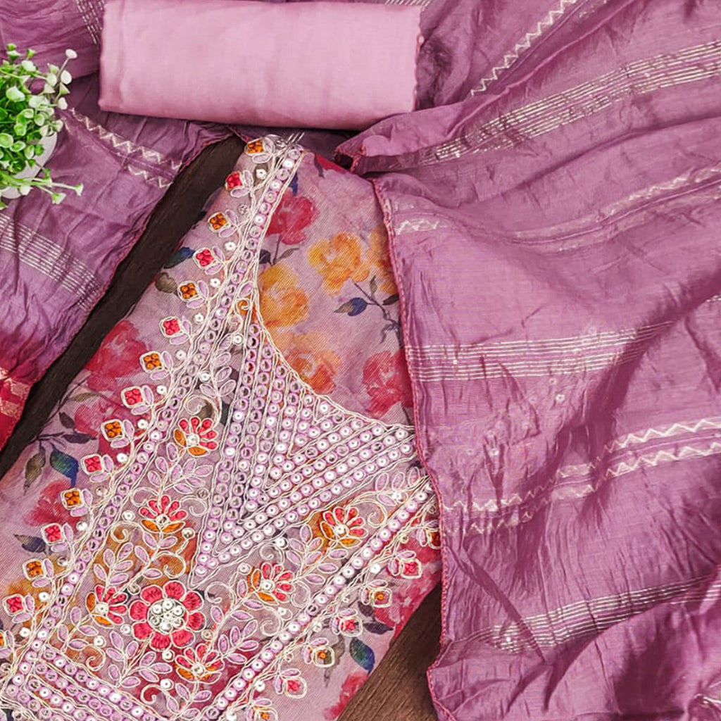 Lavender Floral Printed Dress Material With Elegant Embroidery on Shimmer Jacquard