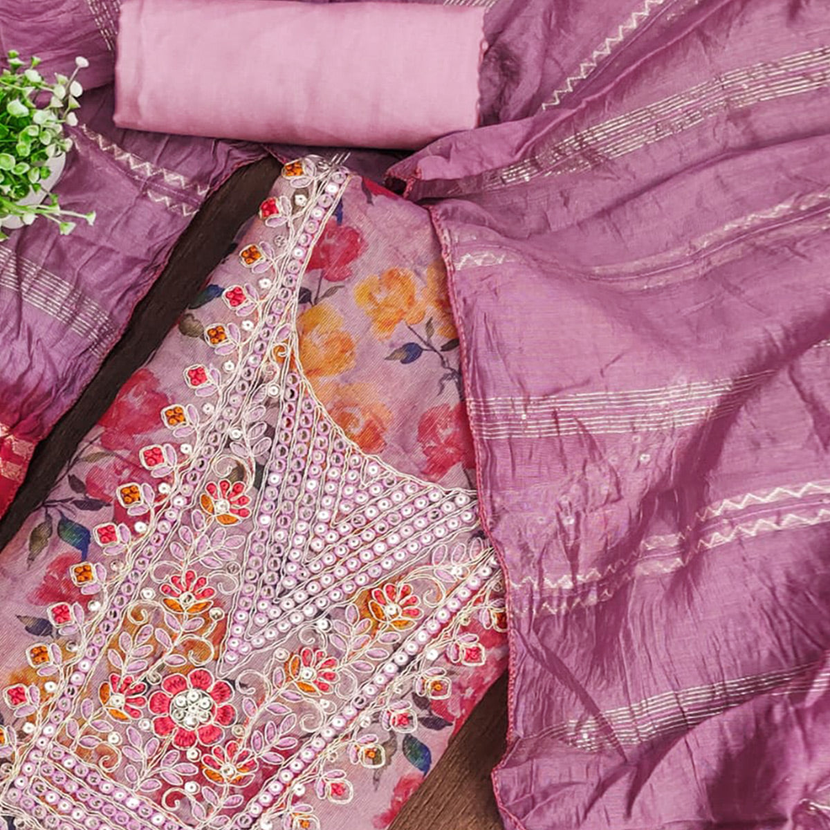 Lavender Floral Printed Dress Material With Elegant Embroidery on Shimmer Jacquard