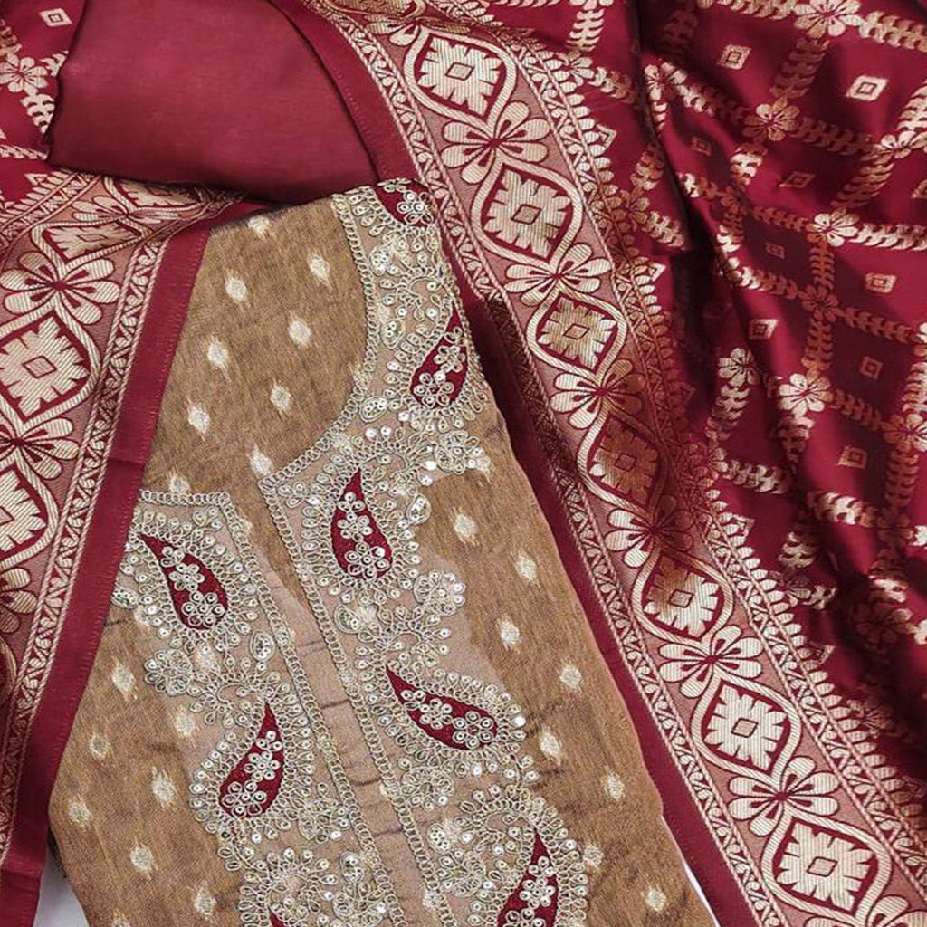 Brown Shimmer Jacquard Dress Material With Elegant Weaving & Cording Embroidery Work