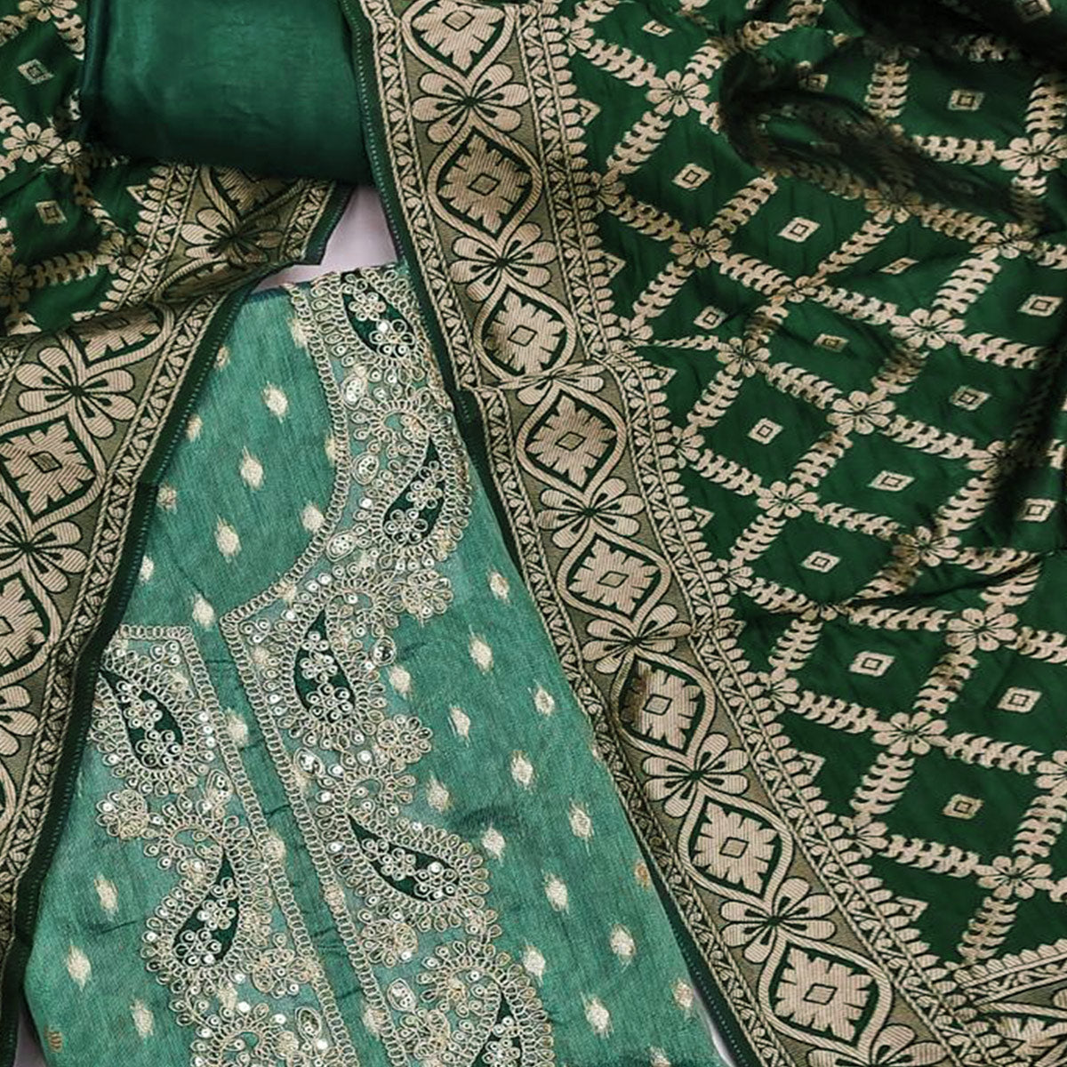 Green Shimmer Jacquard Dress Material With Elegant Weaving & Cording Embroidery Work