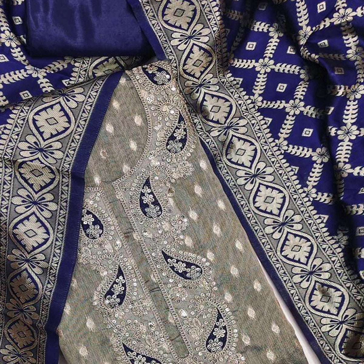 Grey Shimmer Jacquard Dress Material With Elegant Weaving & Cording Embroidery Work