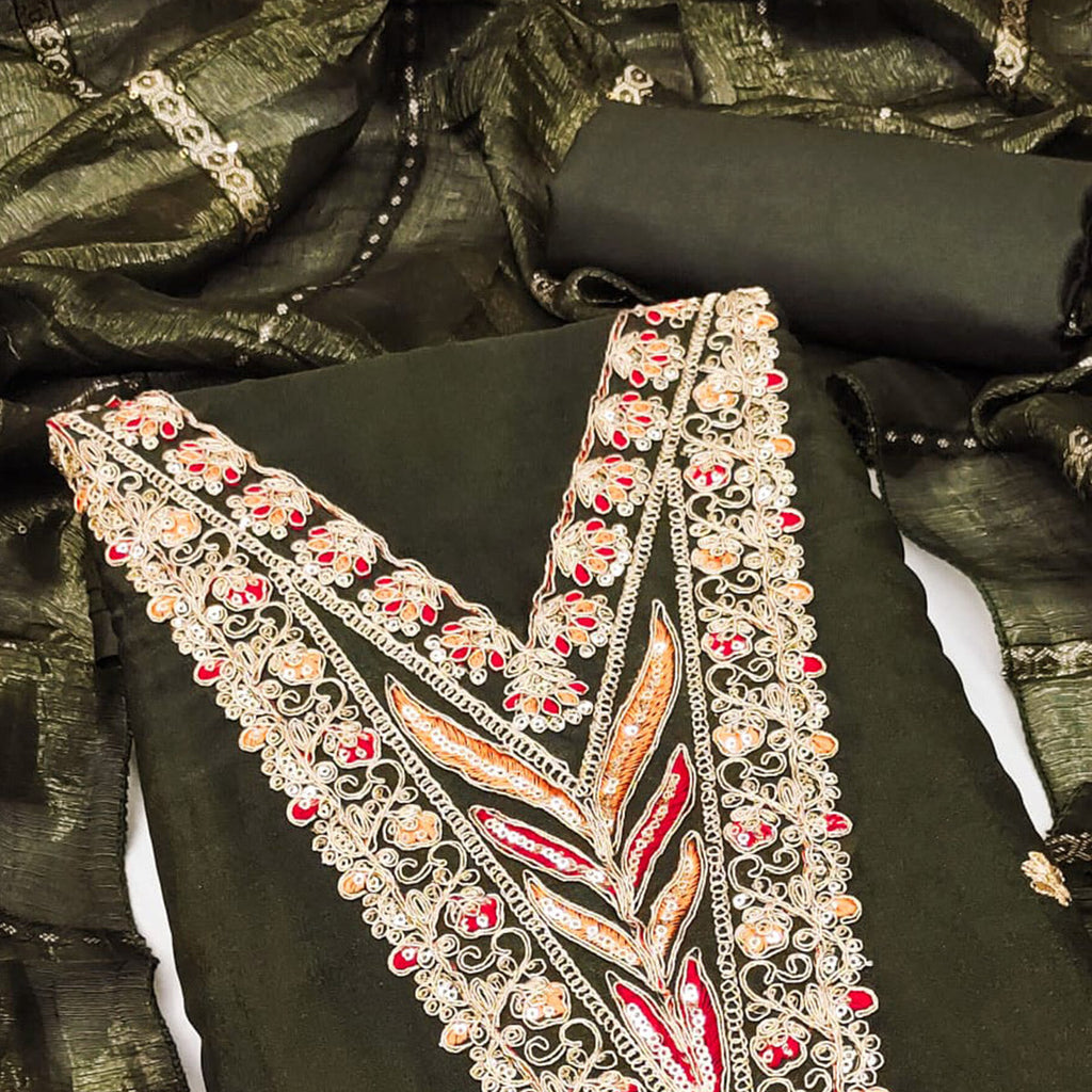 Mehendi Green Georgette Dress Material Embellished With Floral Cording Embroidery & Sequin Accents