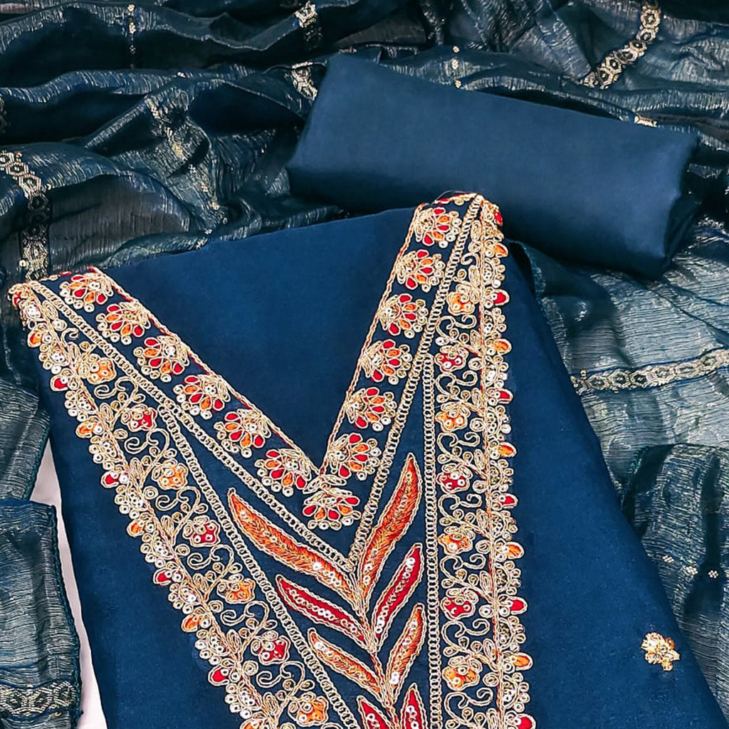 Morpich Blue Georgette Dress Material Embellished With Floral Cording Embroidery & Sequin Accents