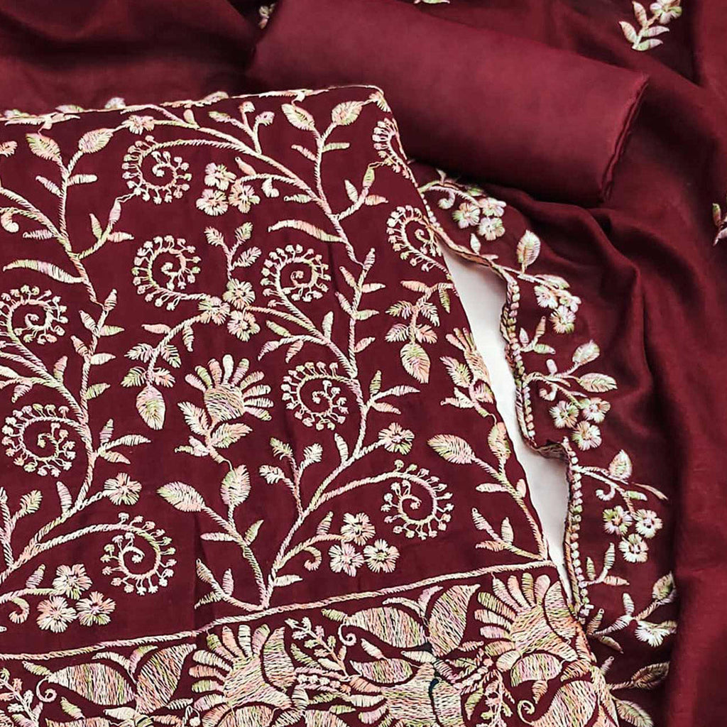 Maroon Vichitra Silk Dress Material With Elegant Floral Thread Embroidery