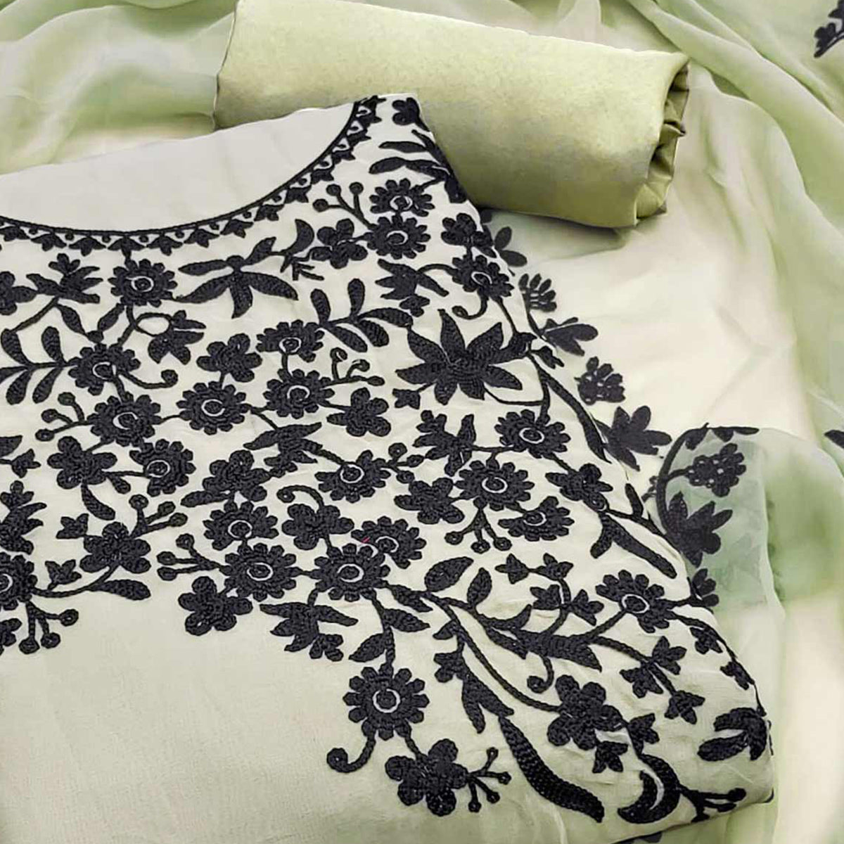 Light Green Georgette Dress Material Adorned With Delicate Floral Thread Embroidery