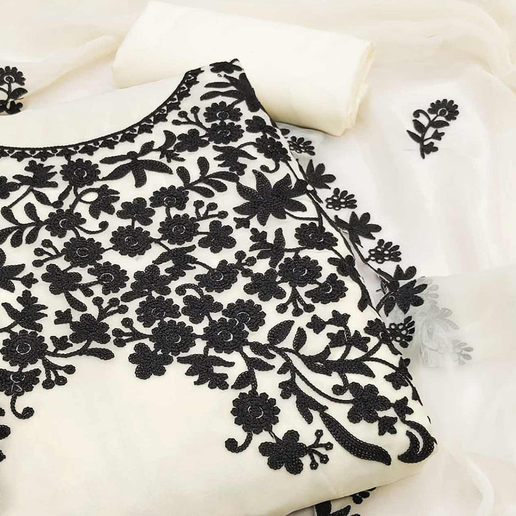 Offwhite Georgette Dress Material Adorned With Delicate Floral Thread Embroidery