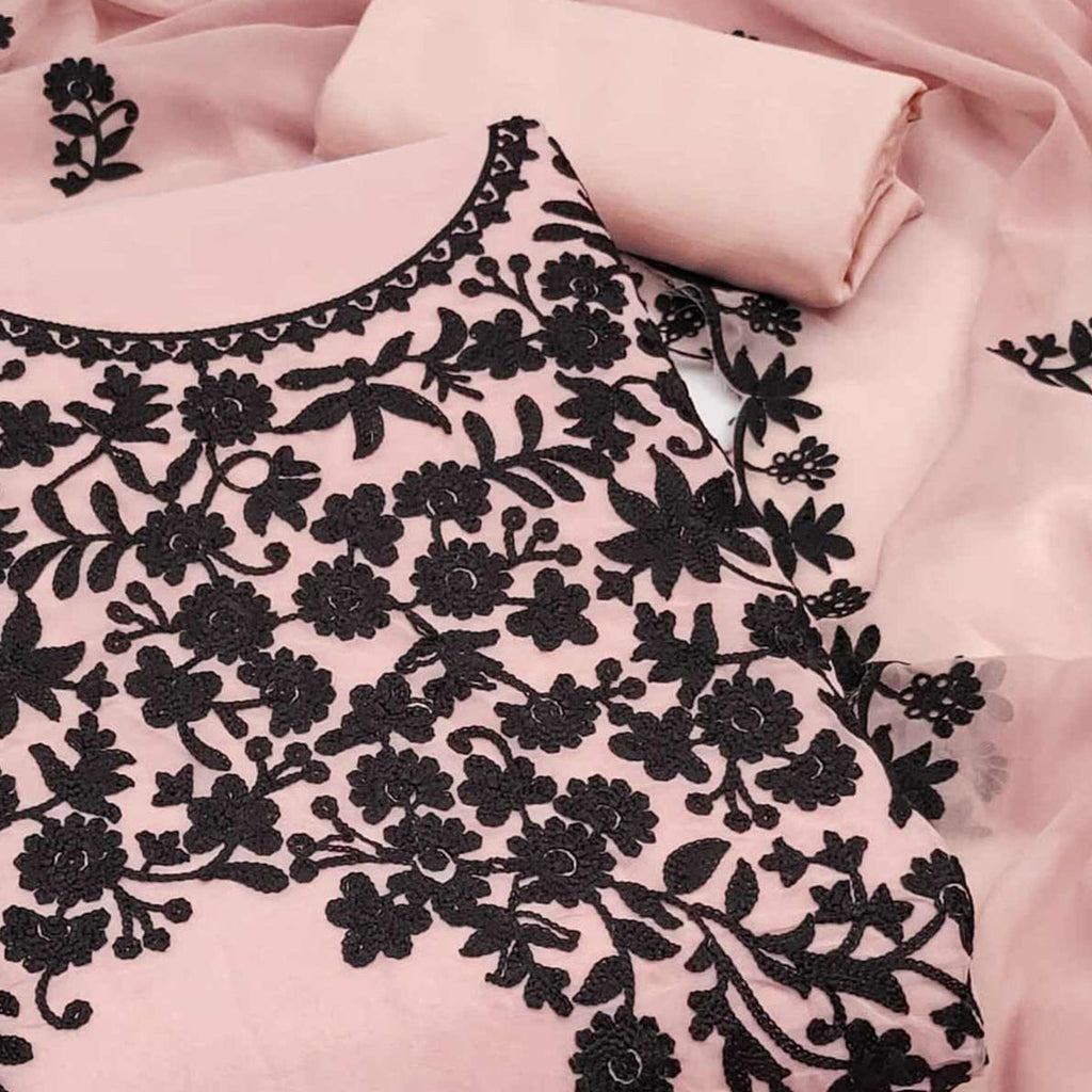 Pink Georgette Dress Material Adorned With Delicate Floral Thread Embroidery