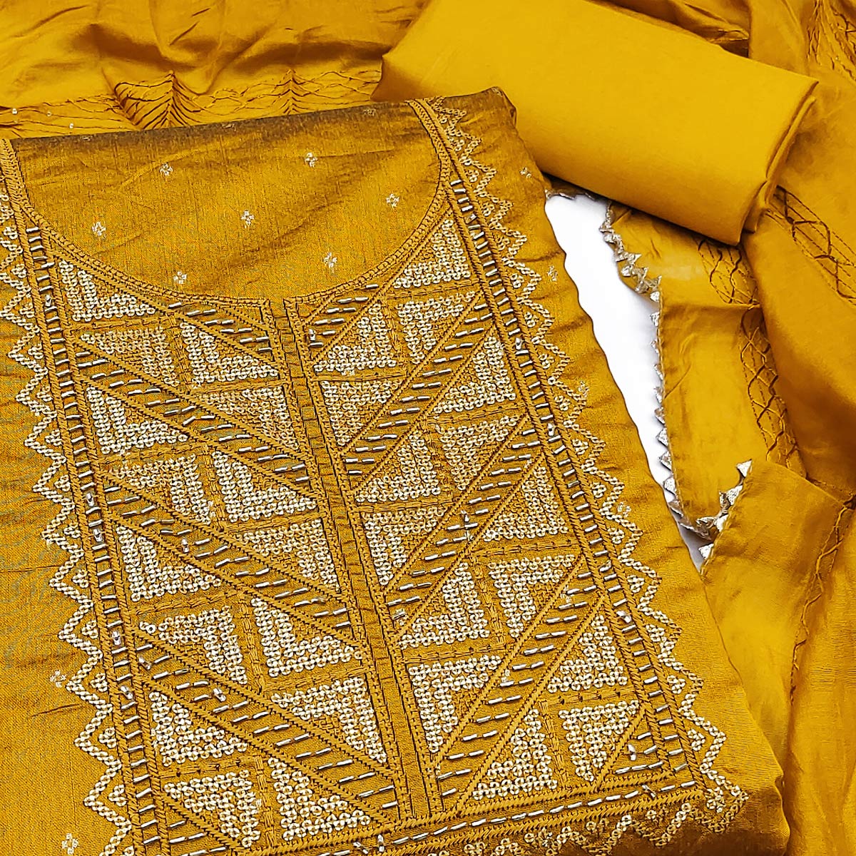 Mustard Sequins Embroidered Dress Material Crafted On Rich Chanderi Silk Jacquard