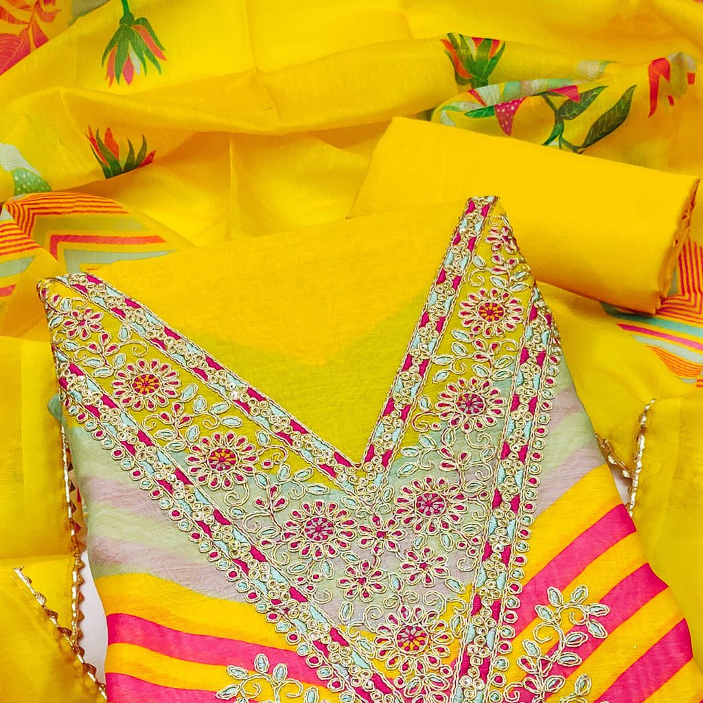 Designer Yellow Chanderi Silk Dress Material with Bold Prints and Rich Embroidery