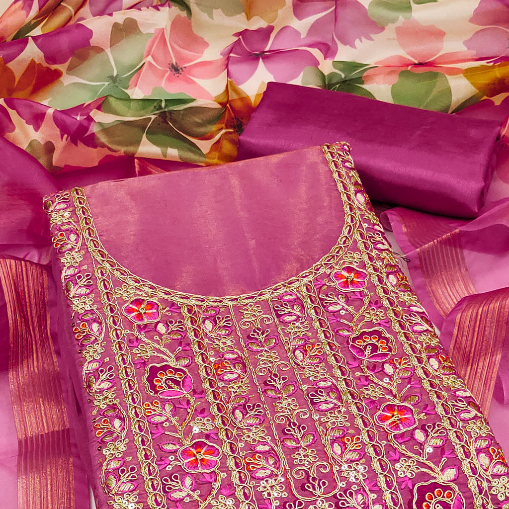 Pink Chanderi Silk Unstitched Suit with Embroidered Detailing