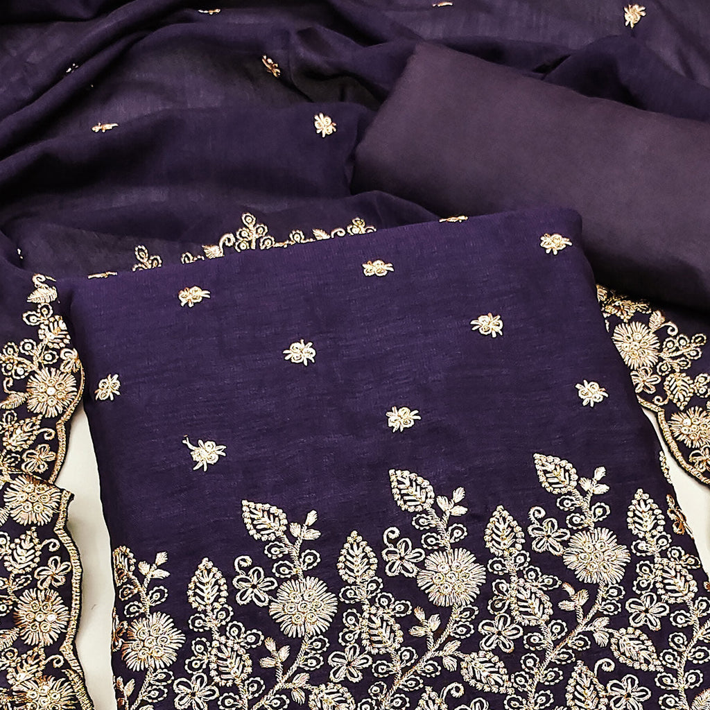 Blue Vichitra Silk Dress Material with Rich Threadwork