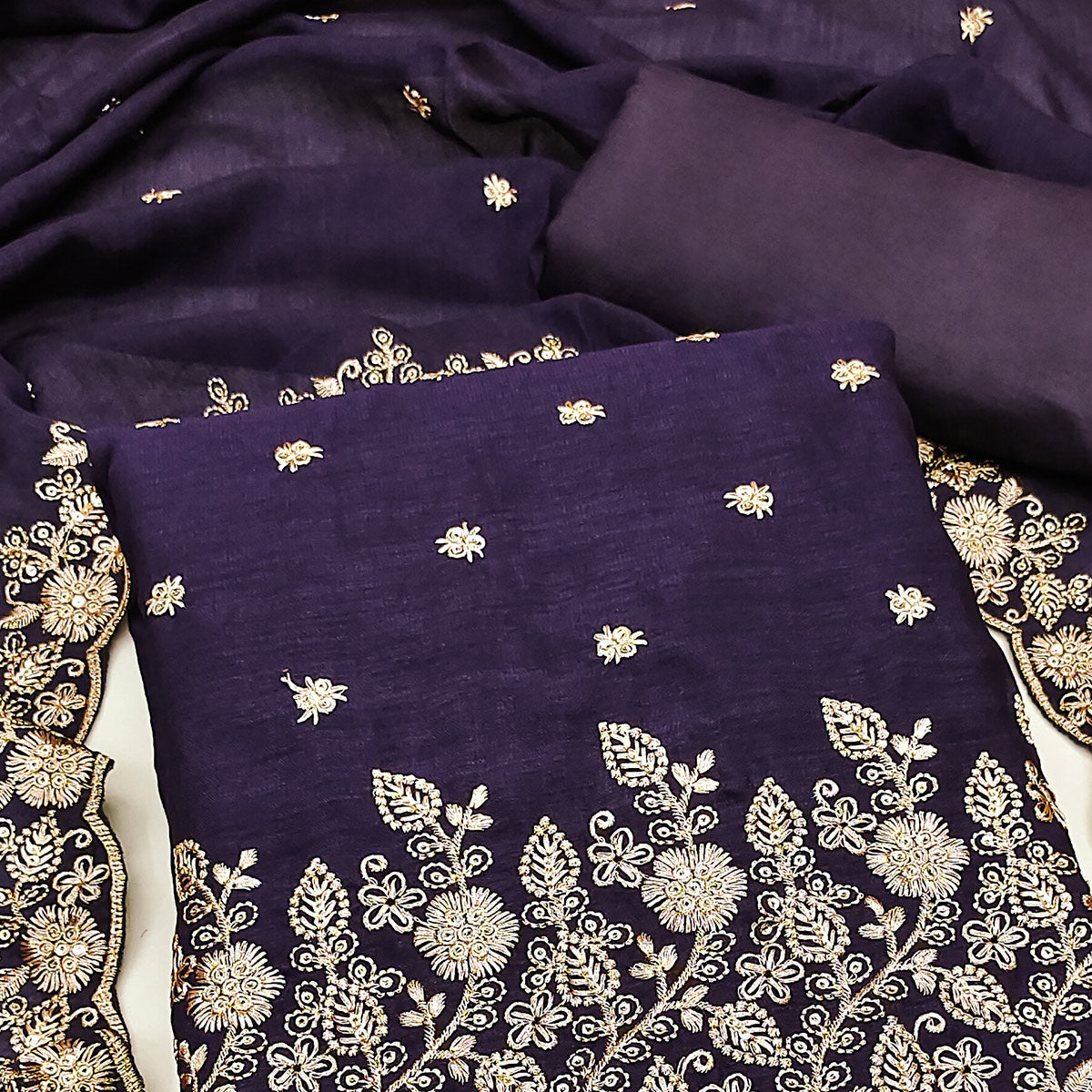 Blue Vichitra Silk Dress Material with Rich Threadwork