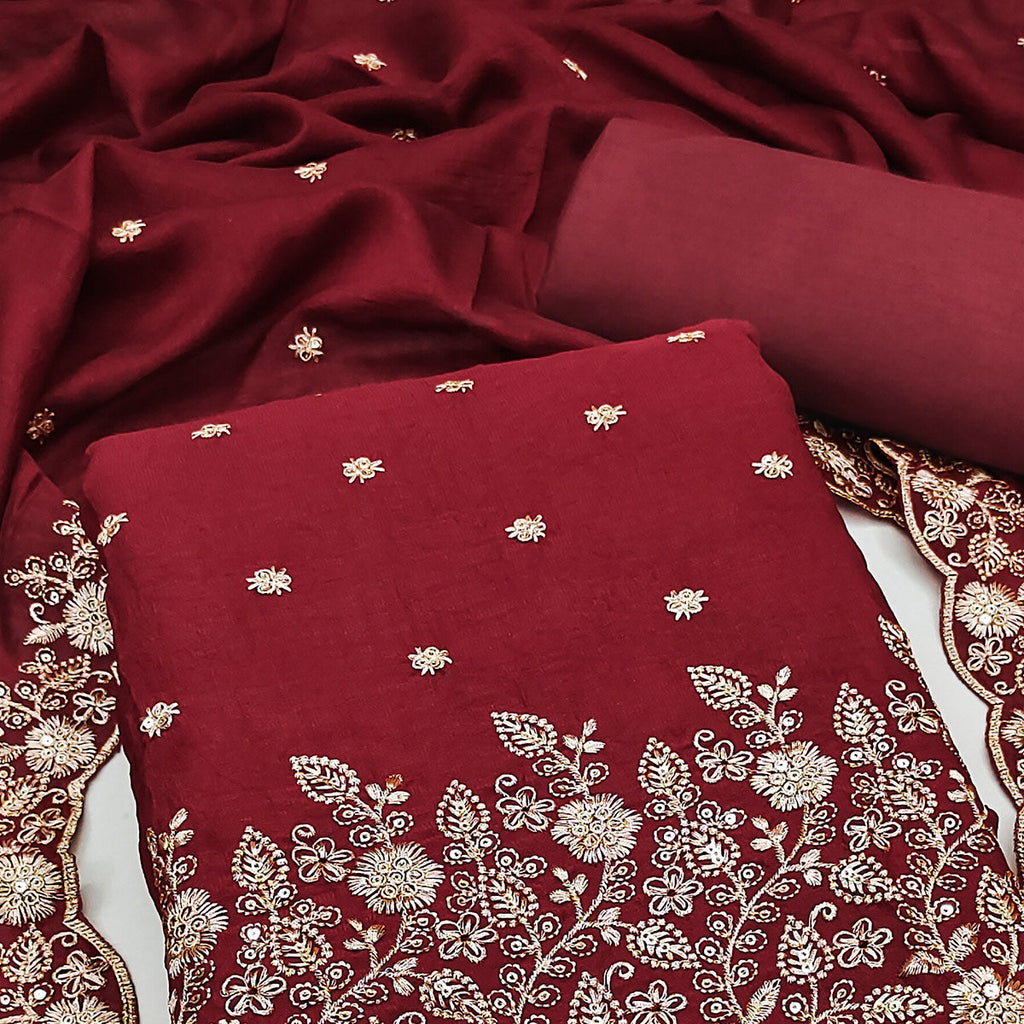 Maroon Vichitra Silk Dress Material with Rich Threadwork