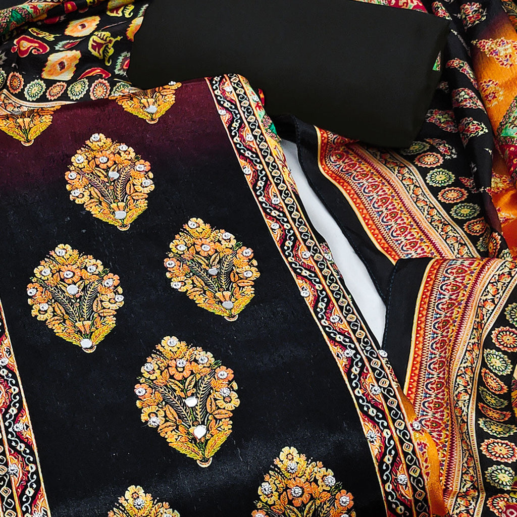 Black Chinon Dress Material With Reflective Mirror Work & Floral Prints