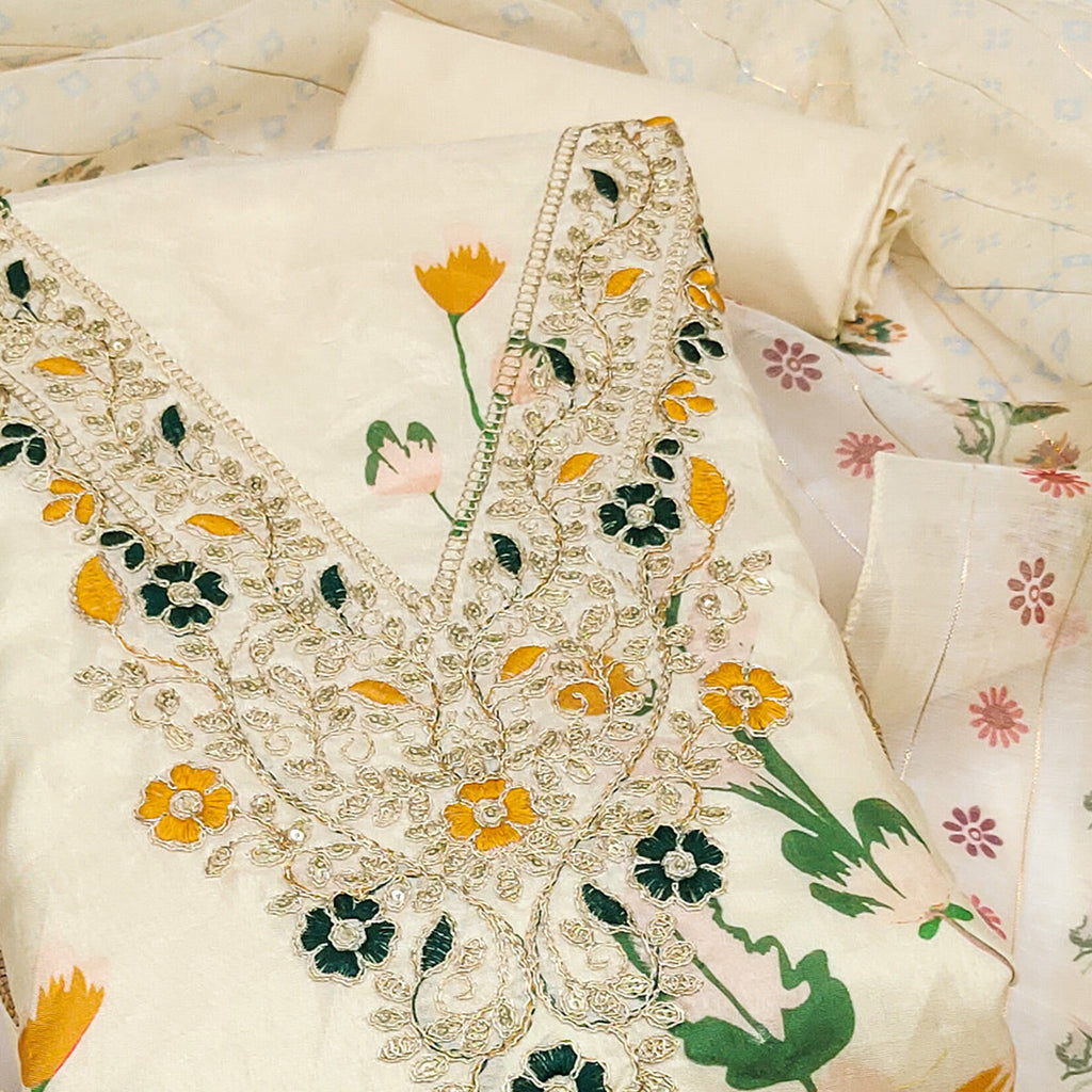 Cream Chanderi Silk Dress Material With Alluring Floral Digital Print & Delicate Cording Embroidery