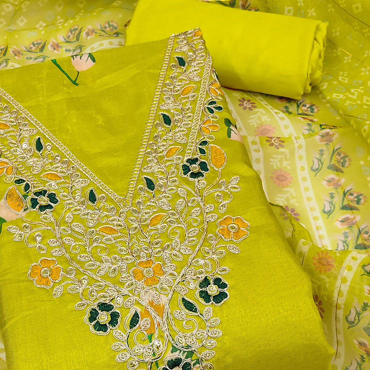 Green Chanderi Silk Dress Material With Alluring Floral Digital Print & Delicate Cording Embroidery