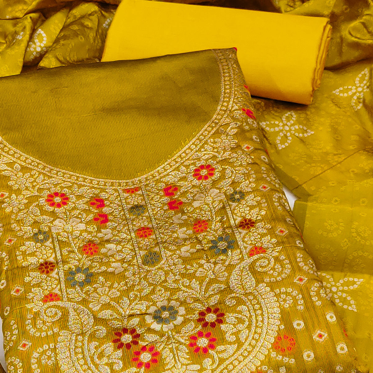 Mustard Banarasi Silk Jacquard Dress Material Adorned With Intricate Floral Zari Weaving