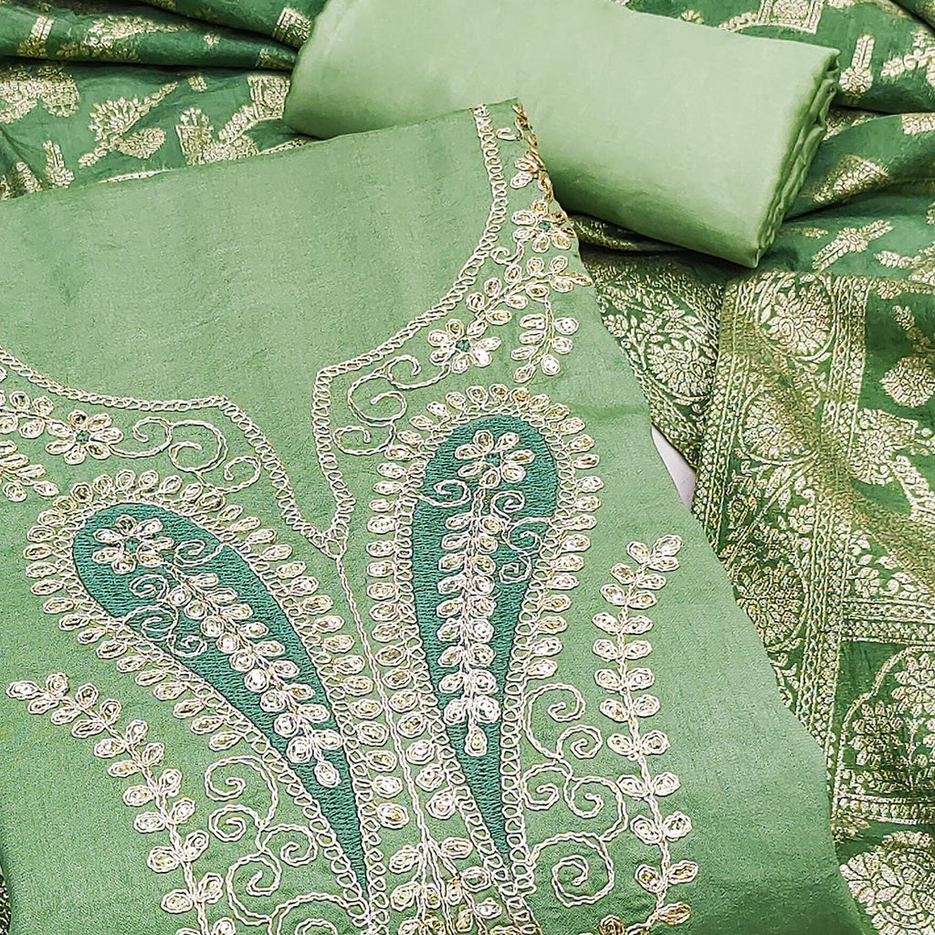 Green Vichitra Silk Dress Material Enhanced With Elegant Floral Sequins Cording Embroidery