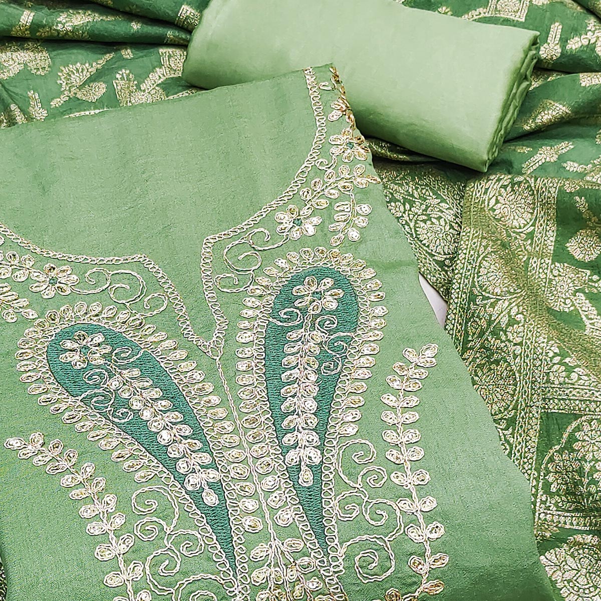 Green Vichitra Silk Dress Material Enhanced With Elegant Floral Sequins Cording Embroidery