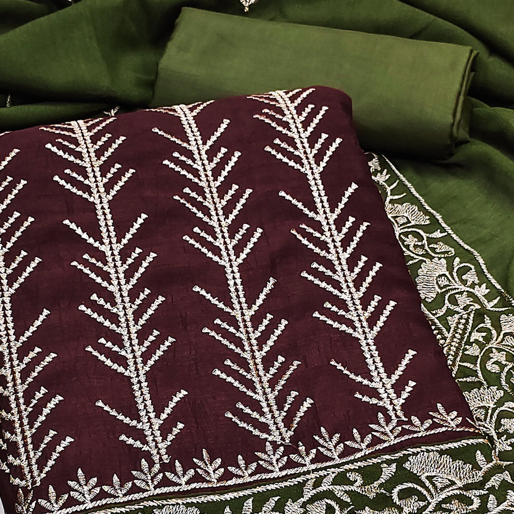 Dark Maroon Vichitra Silk Dress Material Featuring Graceful Floral Embroidery Work